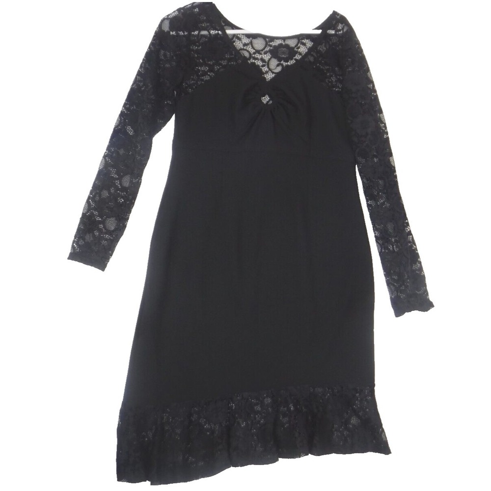 Venus Black Long Sleeve‎ Dress Lace Yoke & Sleeves Asymmetrical Hem Size Medium